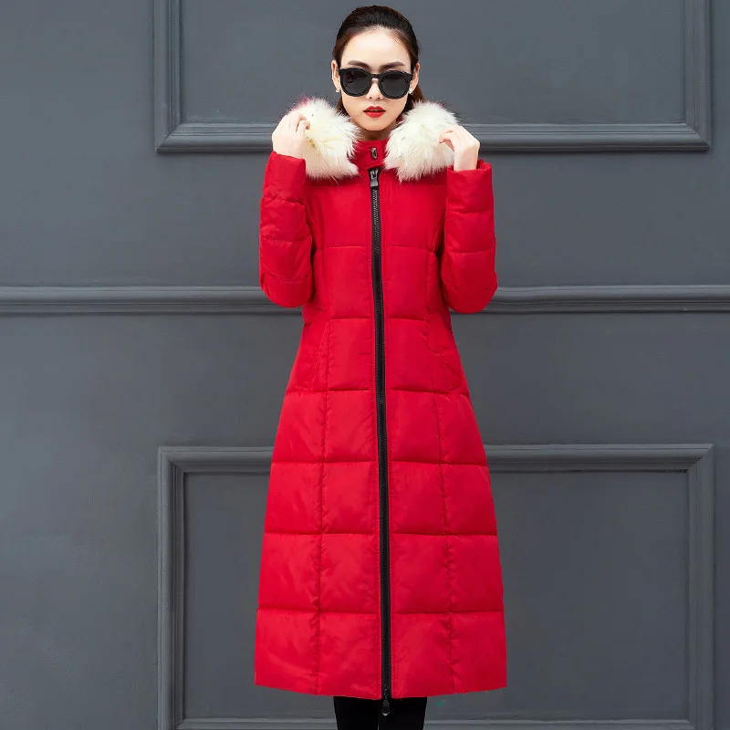 Red With White Fur Высококачественное Женское зимнее пальто Длинная Верхняя одежда с капюшоном для женщин женские зимние куртки теплые утолщенные куртки Feminina Inverno - Цвет: Red With White Fur