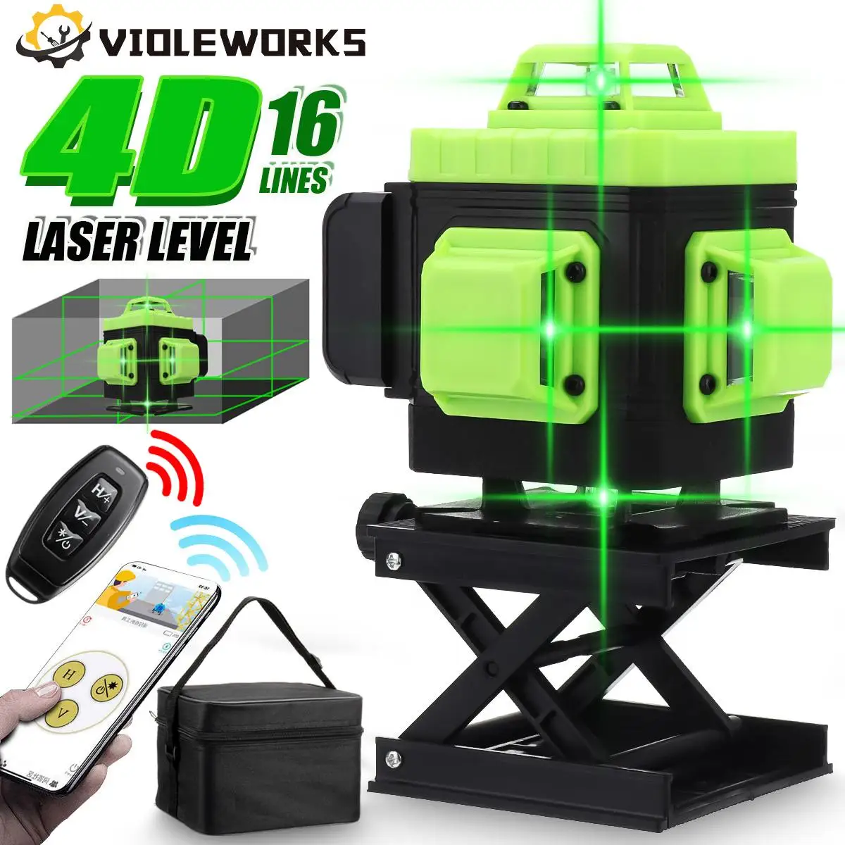 

4D Laser Level 16 Lines APP Control Self-Leveling 360 Horizontal And Vertical Cross Super Powerful Green Laser Level EU Plug
