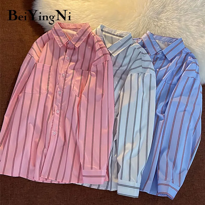 

2021 новые модные рубашки Beiyingni, женские полосатые пуговицы, белые, розовые, синие блузки, женские повседневные блузки с карманами, женские топ...