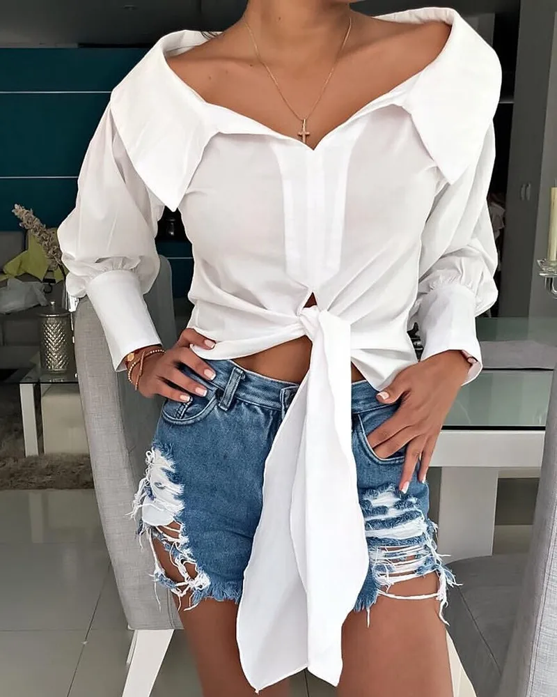 

Повседневная рубашка с завязкой спереди и рукавами-фонариками