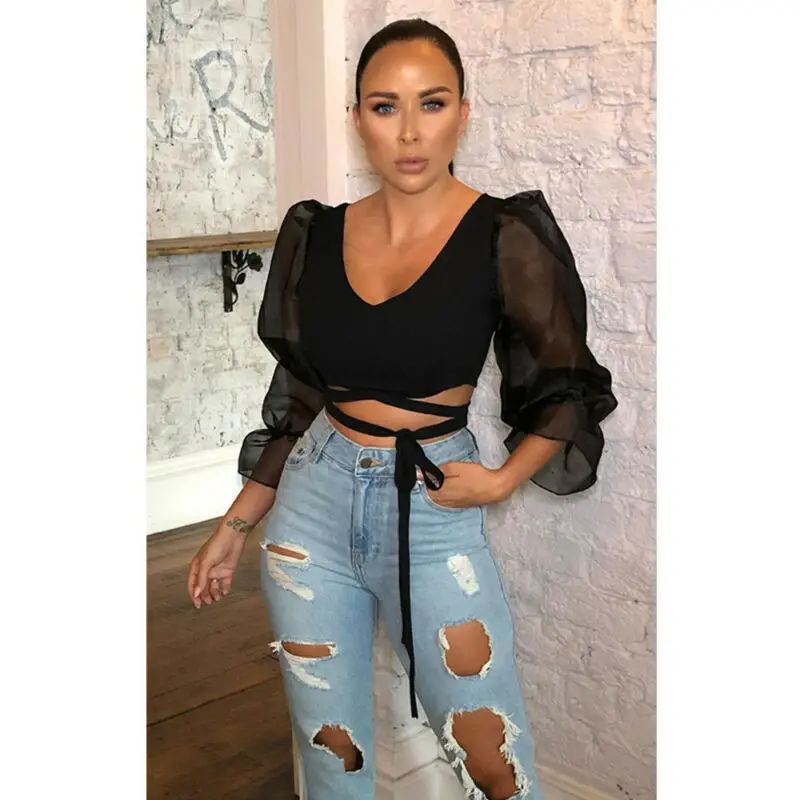 Женская Прозрачная Футболка облегающая Сетчатая футболка с длинным рукавом и