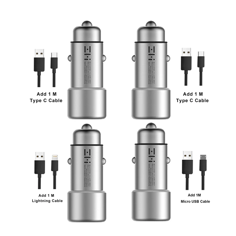4pcs add 4 cables ZMI автомобиля Зарядное устройство с двумя портами USB QC3.0 быстрое зарядное устройство 5V 2.4A металлический подать заявку на iPhone samsung iPad huawei LG смартфон - Цвет: 4pcs add 4 cables