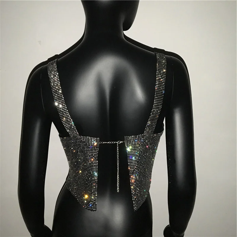 

2021 Glitter Nightclub Backless Tank Top Women Sexy Metal Crystal Diamonds Sequined Night Club Party Wear Crop Top