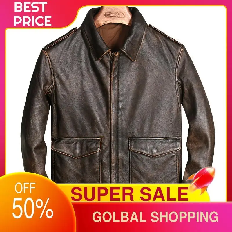 

2021 Vintage Brown Military Style Genuine Pilot Leather Jacket Plus Size 4XL Real Natural Cowhide Autumn Slim Fit Aviation Coat