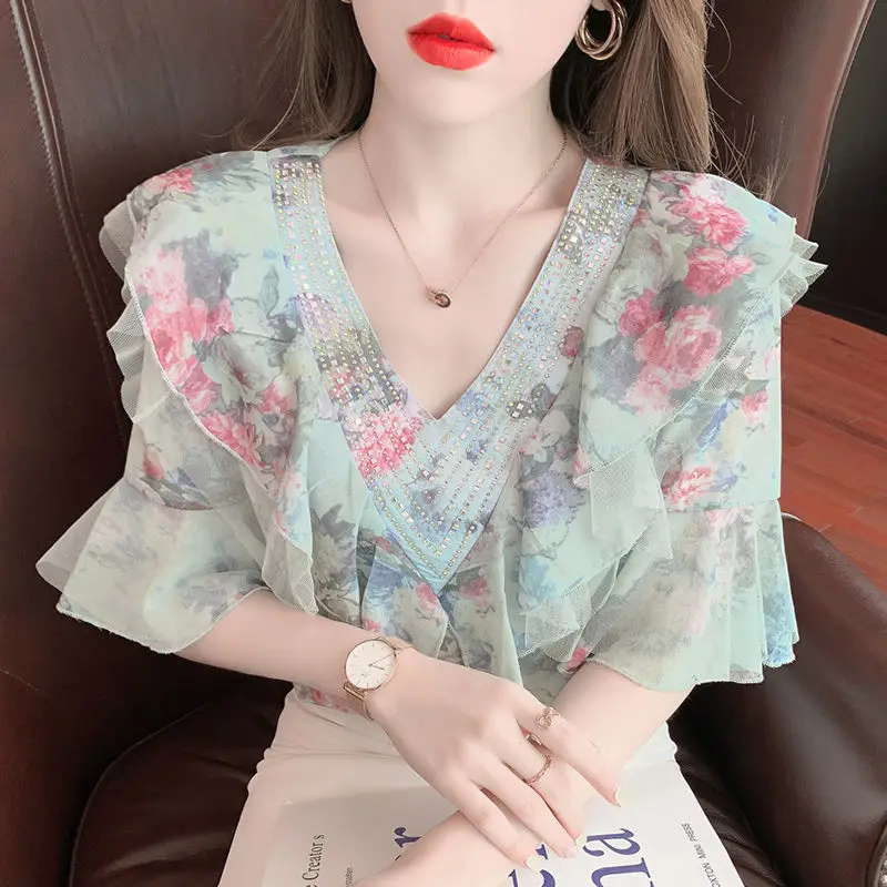 Camisa de gasa con volantes para mujer, vestido coreano de verano, nuevo diseño, estilo occidental, camisa fina floral, 2021