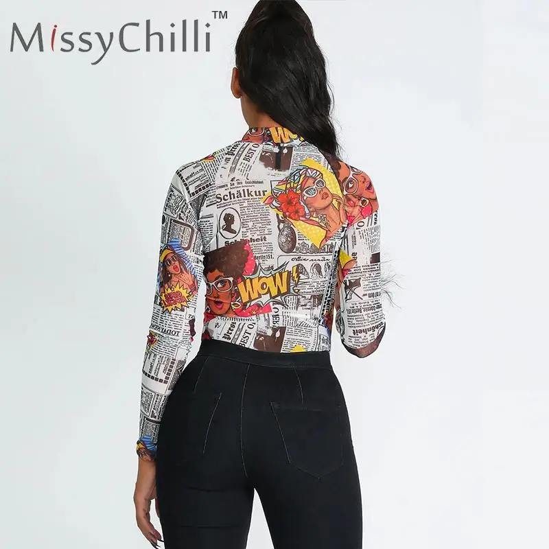 Модное облегающее боди MissyChilli с принтом газеты женская сексуальная уличная