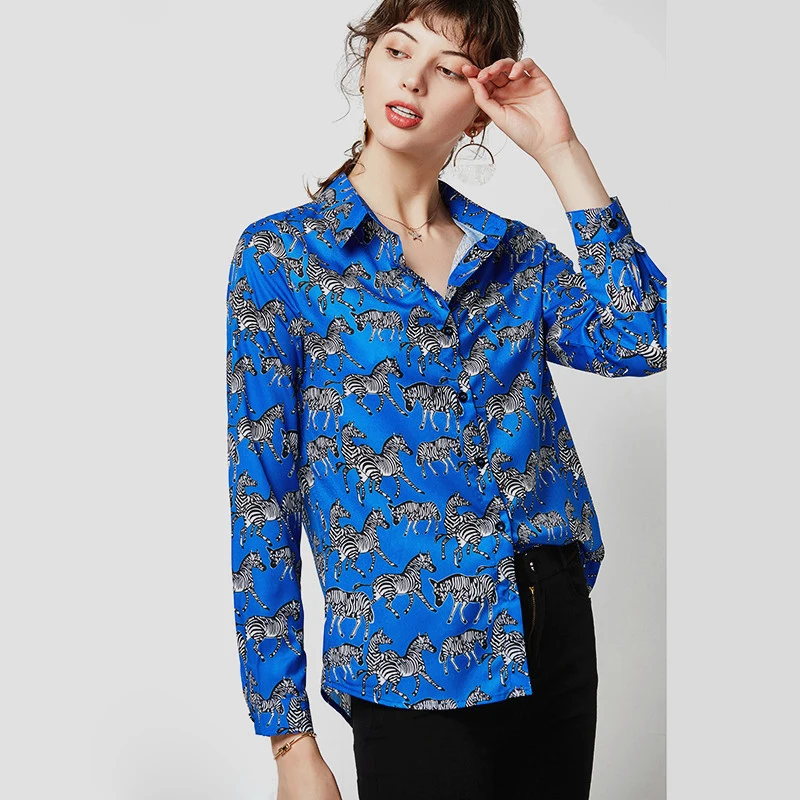Женская офисная блузка с принтом зебры RANLEGE Повседневная Блузка отложным воротником и длинными рукавами