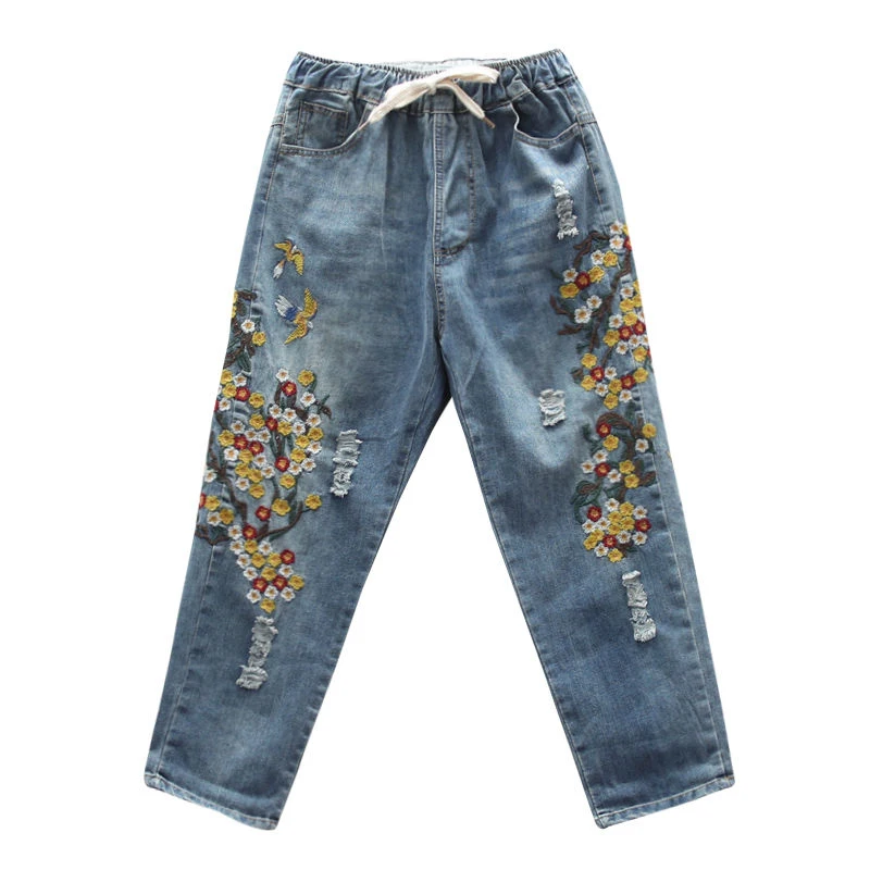 

2020 Summer New Arts Style Women Embroidery Vintage Ripped Jeans Elastic Waist Loose Casual Cotton Denim Harem Pants S285