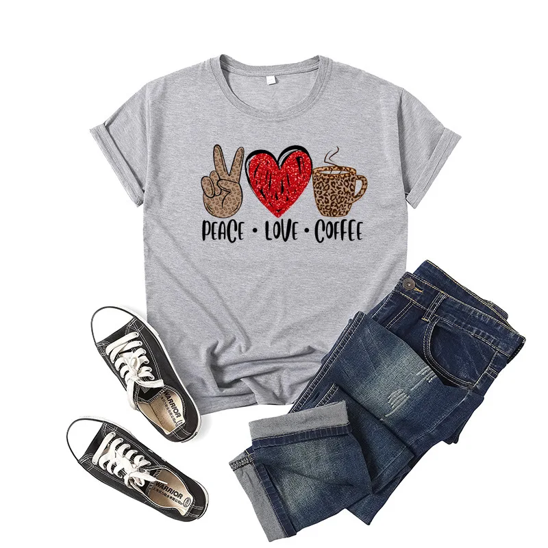 

Peace Love Coffee Letter Print Women T Shirt Short Sleeve ONeck Loose Women Tshirt Ladies Tee Shirt Tops Clothes Camisetas Mujer