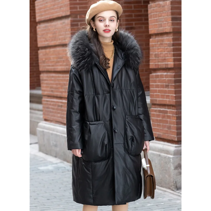 Leather Down Jacket Parka Women's Winter Hooded Raccoon Fur Sheepskin Loose Oversize Coat Female Casual Large Size Coats