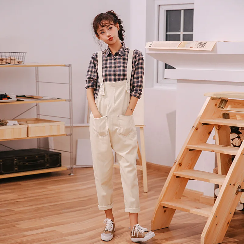 

UVRCOS Tooling Bib Women 2021 Spring Korean Version Of High Waist Loose Casual Thin Sweet Pockets Nine-Point Harlan Jeans Women