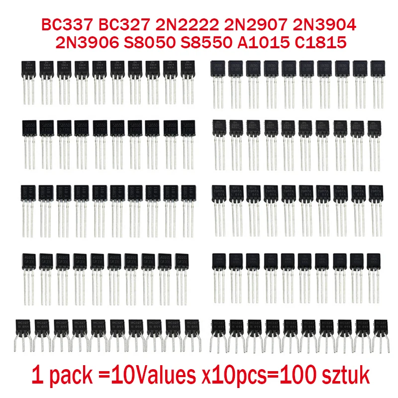 BC337 BC327 2N2222 2N2907 2N3904 2N3906 S8050 S8550 A1015 C1815 10 значений x10 шт. = 100 комплект транзисторов