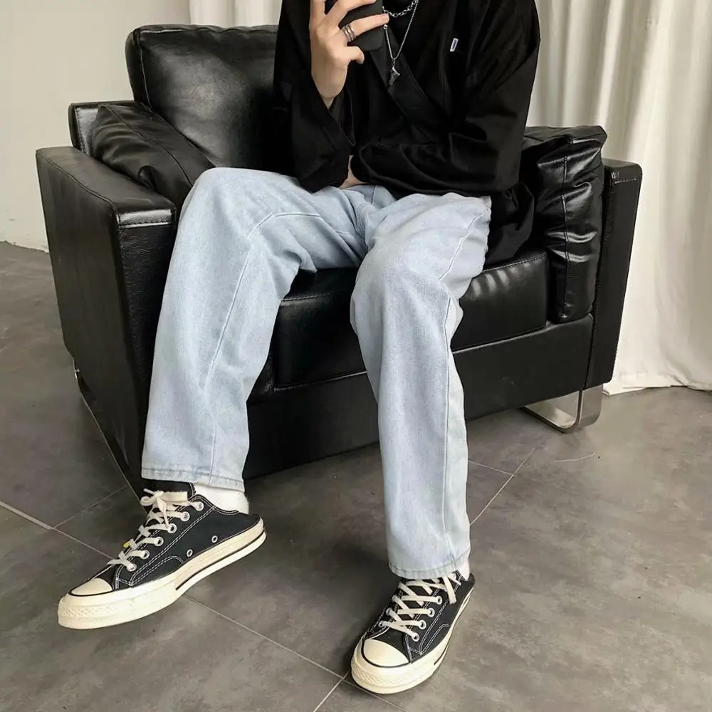 

BXyichen wide-leg jeans men's straight loose ins pants Hong Kong style trend wild retro drape mopping old daddy trousers