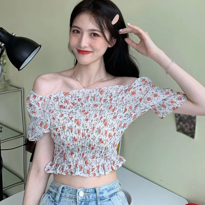 

Sweet Pleated Floral Print Chiffon Shirt Women's Slash Neck Short Tops Summer Short Puff Sleeve Elegant T-shirt Korean Style