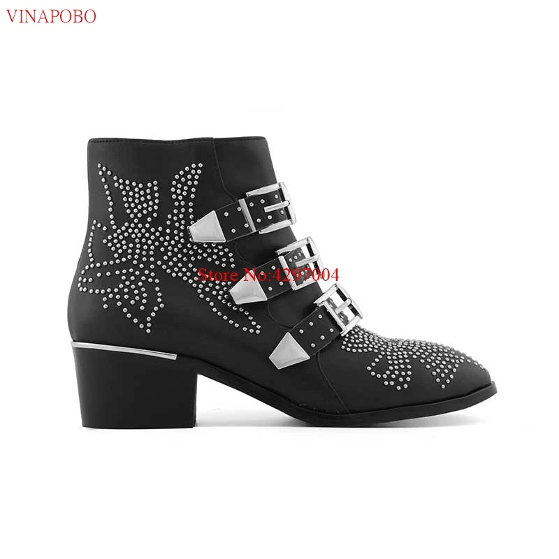 as the picture Vinapobo/роскошные ботинки; женские ботинки «Челси» с круглым носком и заклепками; женские ботильоны на массивном каблуке из натуральной кожи с шипами - Цвет: as the picture