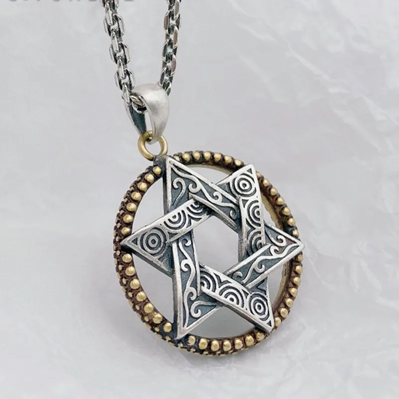 

BOCAI New Pure S925 Sterling Silver Jewelry Retro Punk Style Six-Pointed Star Sweater Pendant Trendy Men And Women Pendant