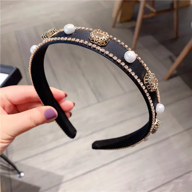 

Handmade Fashion Vintage Glittering Rhinestone Hairband Elegant Pearl Black Headwear Luxury Queen Hair Accessories Headband