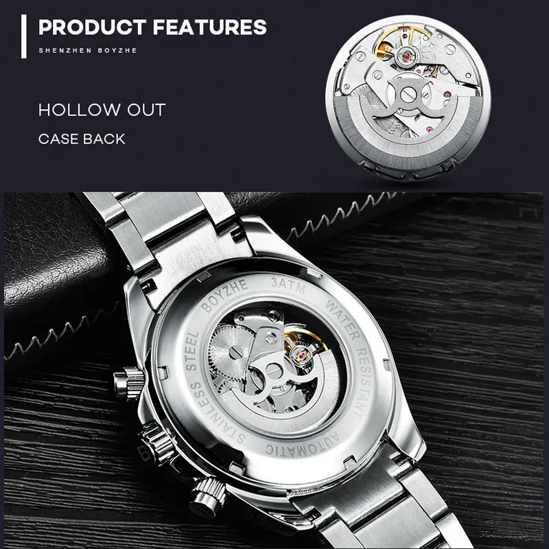 BOYZHE Steel Automatic Mechanical Watch Men's Multi-function Male Sports Watches Waterproof Luxury Clock Three Eyes Reloj | Наручные