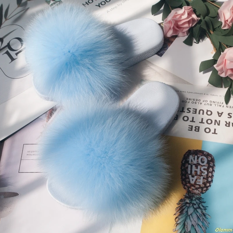 Белые летние шлепанцы с лисьим мехом милые плюшевые Коллекция 100% года Роскошные