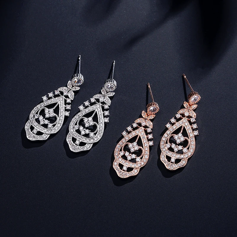 ZAKOL Винтажные серьги подвески из розового золота в форме капли воды с микро