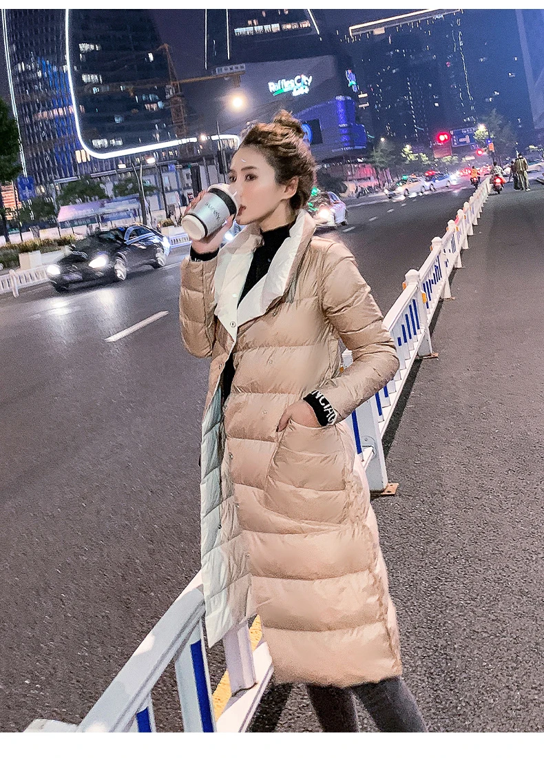 Double Sided Women's Down Jacket Long Winter Turtleneck White Duck Down Coat Female Double Breasted Plus size Warm Plaid Parkas
