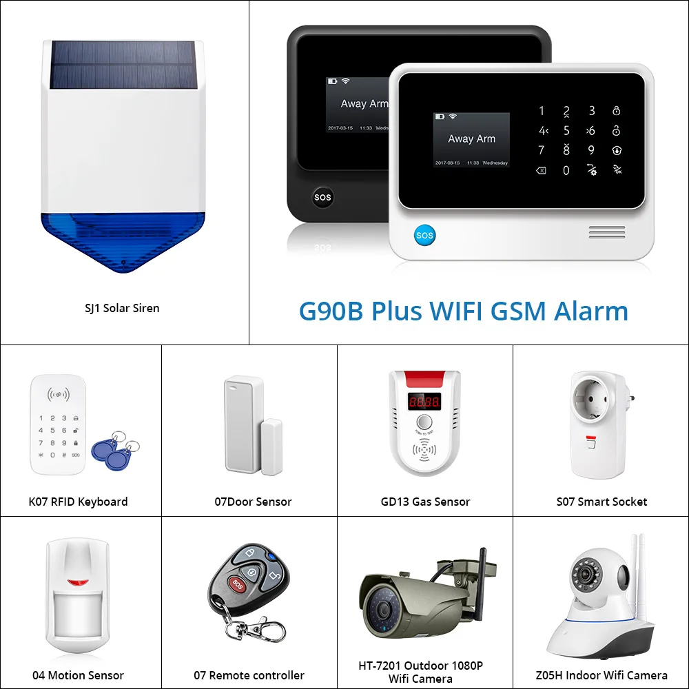 G90B 2,4G WiFi GSM GPRS SMS беспроводная домашняя система охранной сигнализации Вспышка Сирена PIR и дверь детектор дыма ip-камера