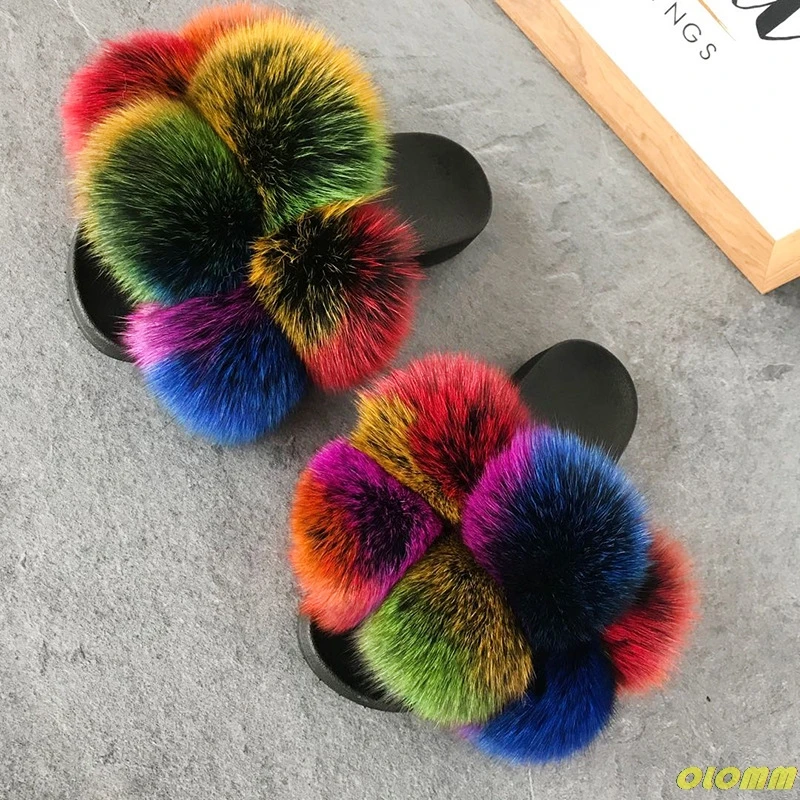 

Pom Pom Fur Slippers For Women Fluffy Real Fox Fur Slides Furry Raccoon Fur Sandals Ladies Cute Fur Ball Flip Flops Rainbow Shoe