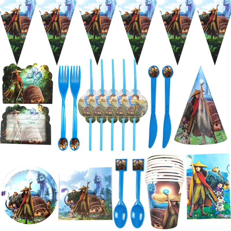 

Raya Theme Tablecloth Straws Birthday Party Napkins Plates Cups Flags Banner Decorate Forks Invitation Cards Spoons 113pcs/lot