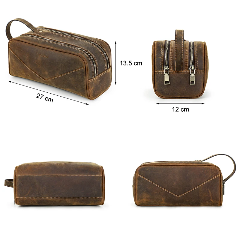 Goede Contact's Vintage Toilettas Crazy Horse Lederen Cosmetische Bag Organizer Make-Up Case Voor Mannen Grote Capaciteit Opslag Handtassen