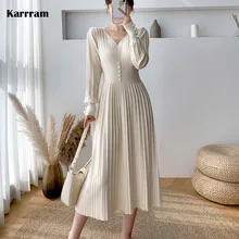Karrram Solid 2021 Thick Sweater Dress Elegant Women High Waist Slim Midi Dress Autumn Winter Warm A-line Knit Dress Femme (4)