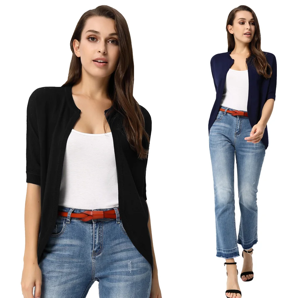 Curlbiuty трикотажное пальто женское короткое удобное 1/2 рукав открытая передняя