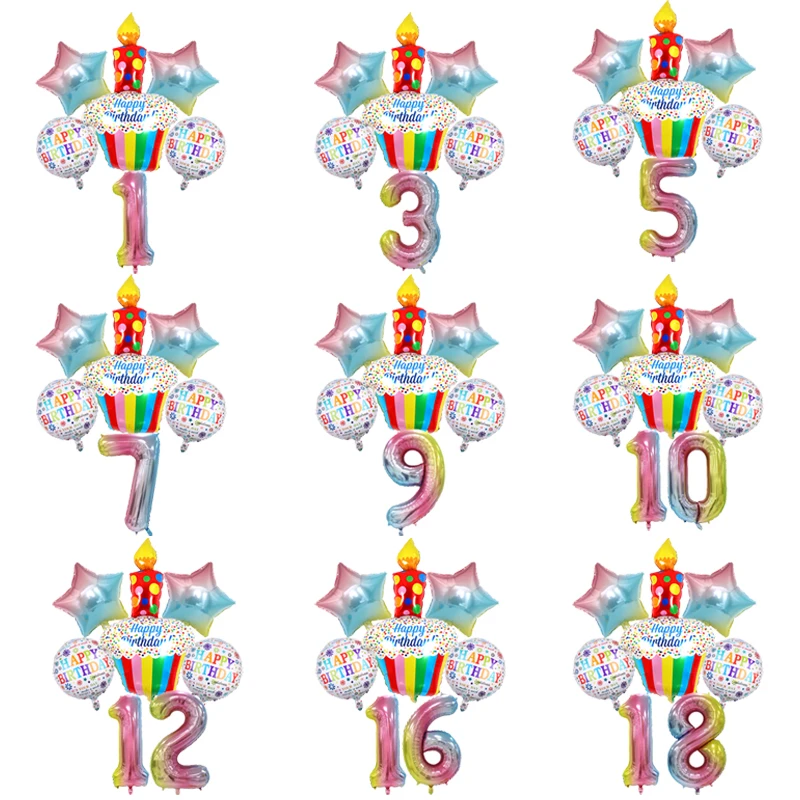 Градиентные цветные Звездные цифры, фольгированные воздушные шары, свечи, торт, воздушные шары, украшение для детской вечеринки