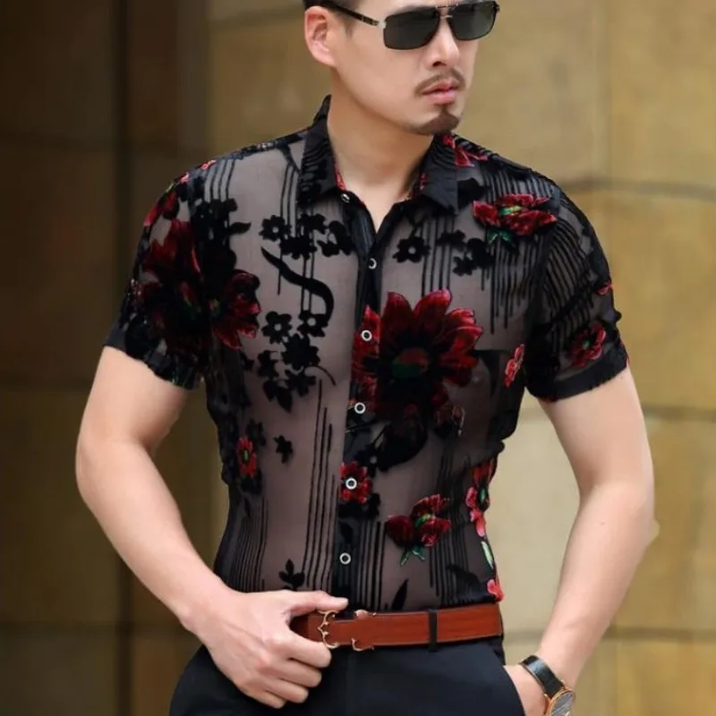 

Summer Short Sleeve Floral Embroidery Slik See Through Sexy Transparent Shirt Men Club Party Camisa Social Masculina
