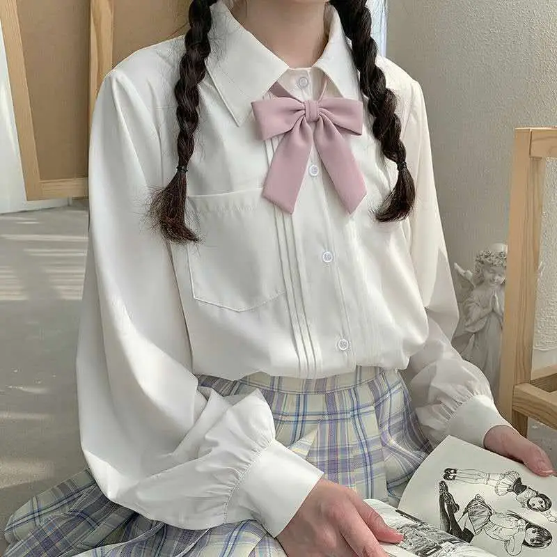 

JK uniform Japan blouse women solid basic long-sleeved organ pleated black shirt female sweet fresh preppy matching kawaii top