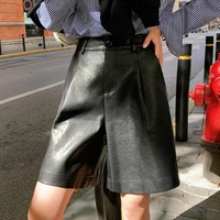 womens fashion high waist pu leather shorts loose knee length leather pants 2020 summer women black khaki leather pants shorts