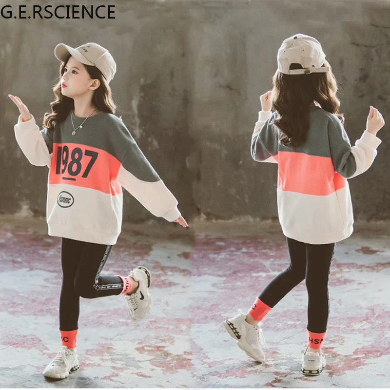 

2021 new children's clothing suit girls spring and autumn clothing casual big kids letter sweater + leggings for teenagers