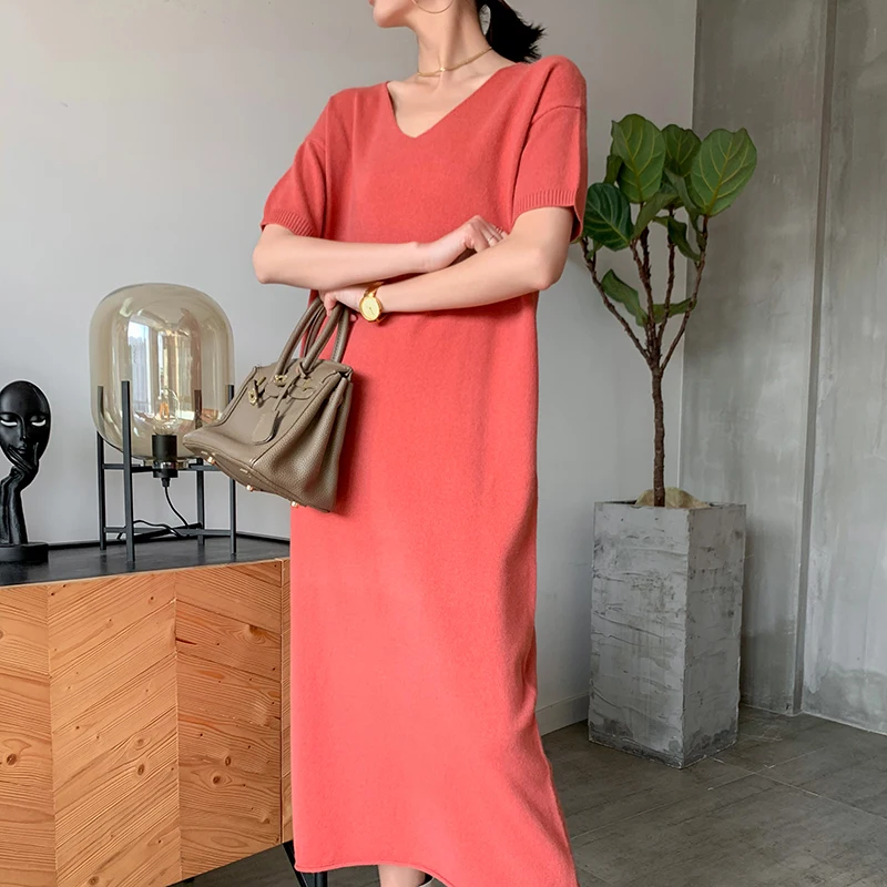 

adohon 2021 women winter Cashmere sweaters and autumn women knitted Pullovers High Quality Long Dresses Female V-neck