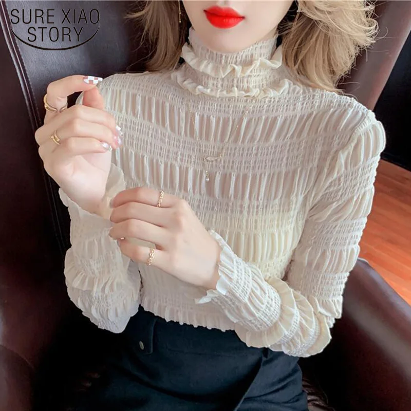 

Autumn and Winter New Sexy Blouse Women See Through Transparent Mesh Tops Long Sleeve Slim Turtleneck Perspective Shirts 17378