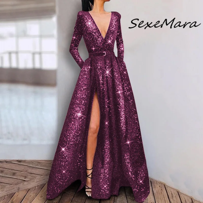 

Long Sleeve Sashes Sequined Maxi Dress Autumn Fashion Elegant Deep V-neck Sexy Women Party Dress