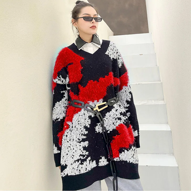 

SeeBeautiful Printed Large Size Knitted Pullovers Sweater V-neck Long Sleeve New Fashion 2021 Spring Winter Women M933