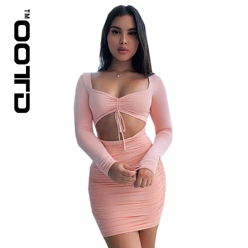 

OOTD Double Layers Cut Out Bodycon Dress Women Autumn Long Sleeve Party Casual Dress Pink Slim Fit Sexy Club Dress Mini Popular