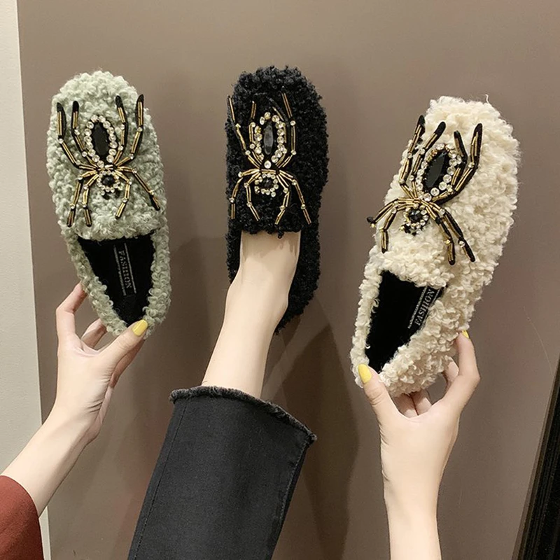 Женские дизайнерские туфли на искусственном меху стразы с металлическим