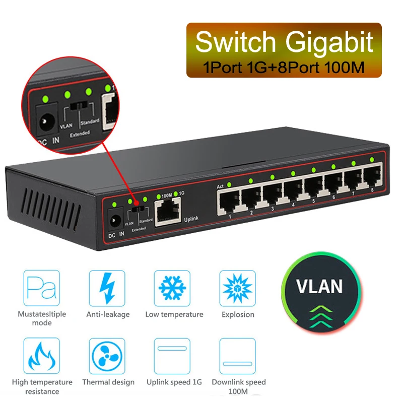 9-портовый гигабитный коммутатор 100 м + 1000 Мбит/с, Интернет-Сплиттер Lan, VLAN, поддержка сетевых Ethernet-коммутаторов, хаб 1G RJ45, 100/1000 Мбит/с - изображение