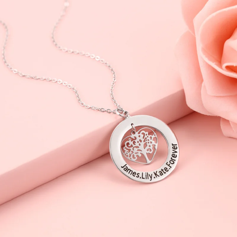 

Fashion Tree of Life Engrave Charming Name Necklace Round Customized Necklaces Chain Custom Pendants Family Gifts Pendants Colar