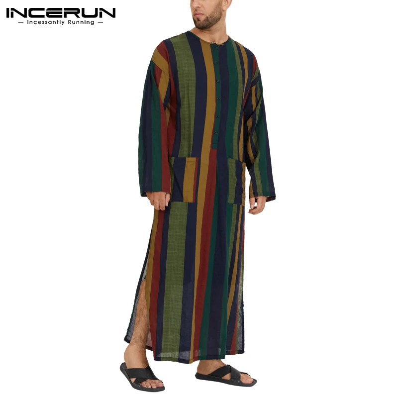 

INCERUN Muslim Men Jubba Thobe Caftan Striped Long Sleeve Pockets Button Robes Men 2023 Islamic Arabic Dubai Kaftan Abaya S-5XL