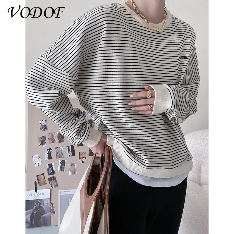 VODOF Sweatshirt Women's 2021 Elegant Basic Pullover O-neck Loose Soft Women's Pullover Sweatshirts  Long Sleeve
