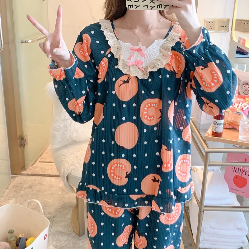 

Spring Autumn Women's Pajamas Sets Print Fashion Luxury Female Button Cardigan Two Pieces Shirts Long Pants Women Sleepwear Set