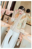 traditional chinese style embroidered big size mid long tang winter cotton lining warm jacket outwear with rabbit fur for women