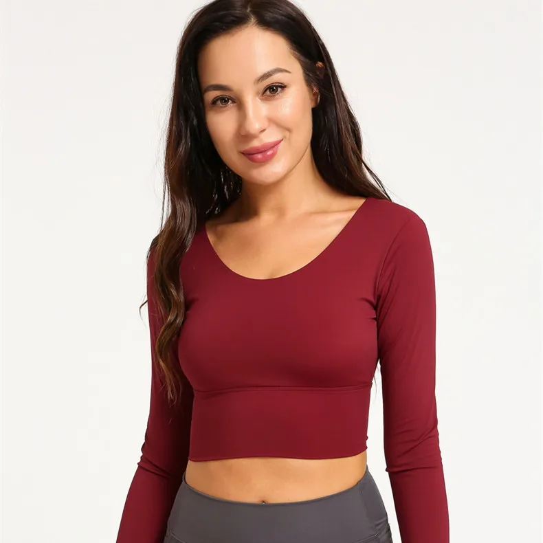 Сзади крест Slim Fit спортивные шорты для занятия йогой для женщин с длинным рукавом Плюс Размер Топы Тренировки Фитнес короткий Модный Топ стиль футболки