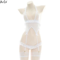 anilv white lace ruffle bodysuit with garter socks swimsuit costume women backless underwear pajamas lingerie cosplay